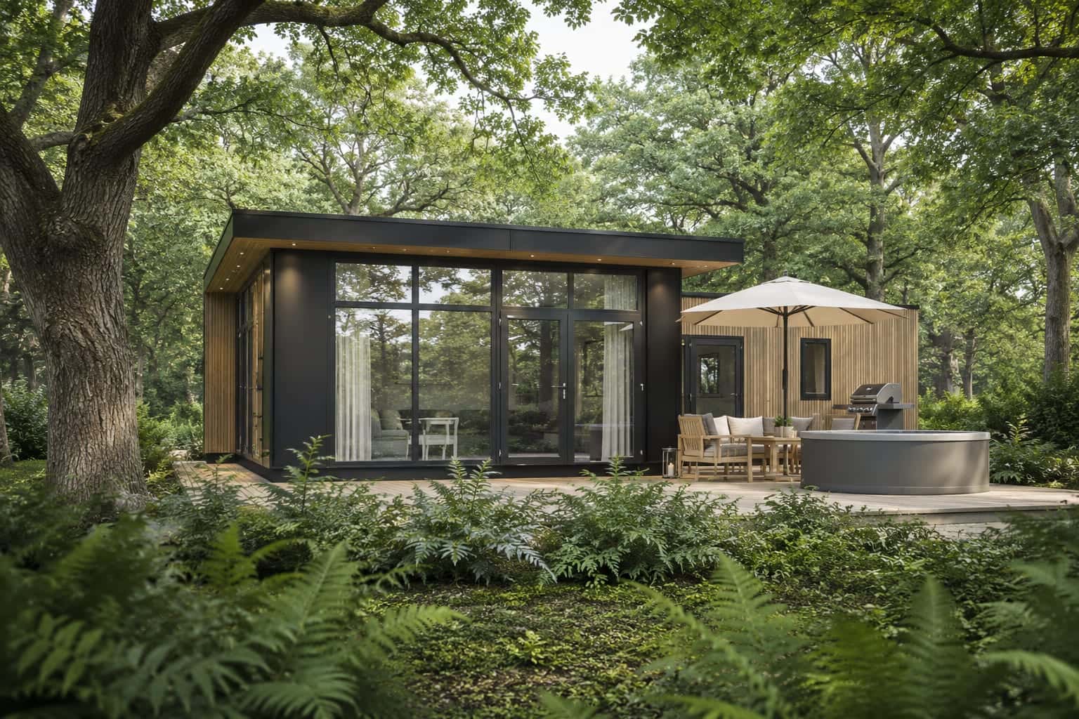 Lodge De Eik onder de eiken met buitenkeuken, BBQ en eigen terras