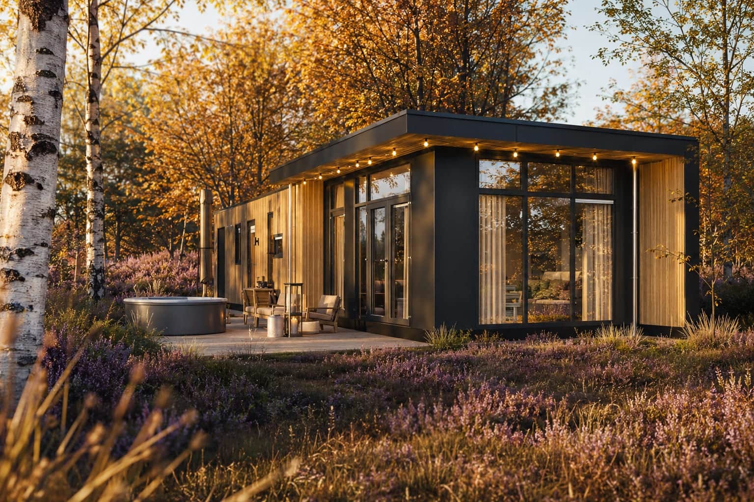 Buitenaanzicht van Lodge De Heide met privé-hottub op het terras en uitzicht over de Drentse heide